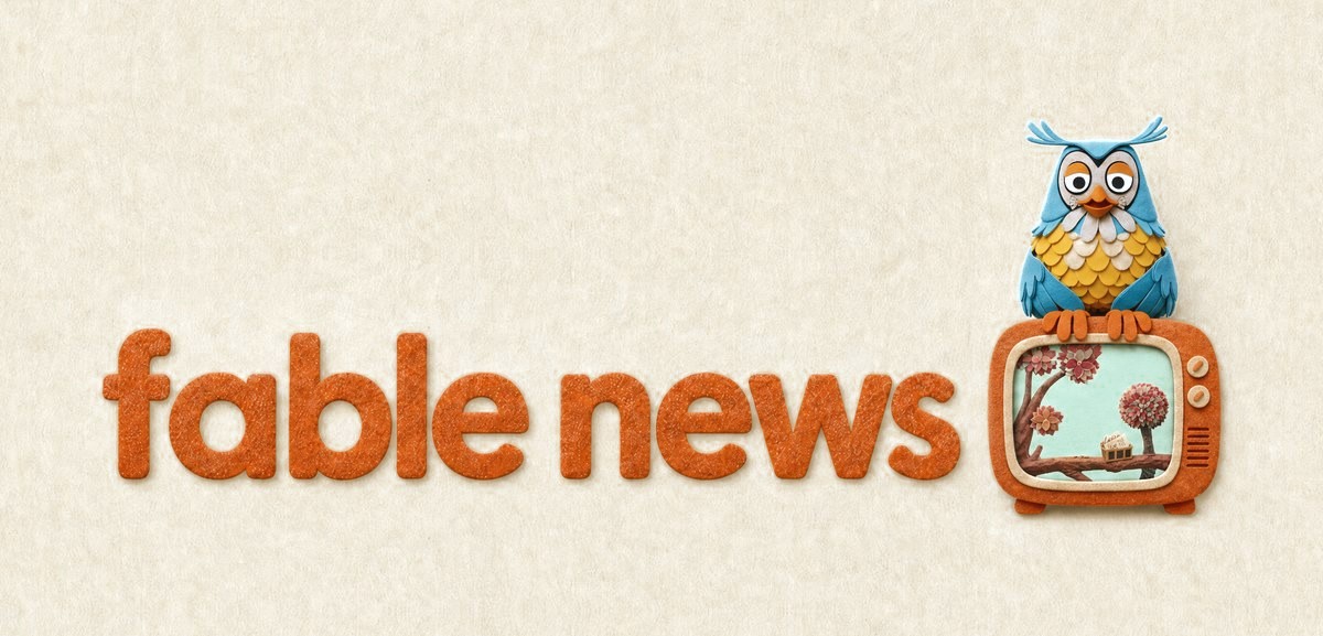 Fable News — het logo van de nieuwe animatieserie, met Meneer de Uil op een televisietoestel